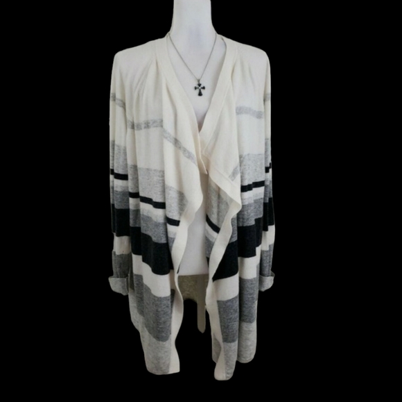 LOFT ~Woman Size L~ White/Gray Striped Waterfall Open Front Cardigan Wool Blend. - Picture 11 of 11
